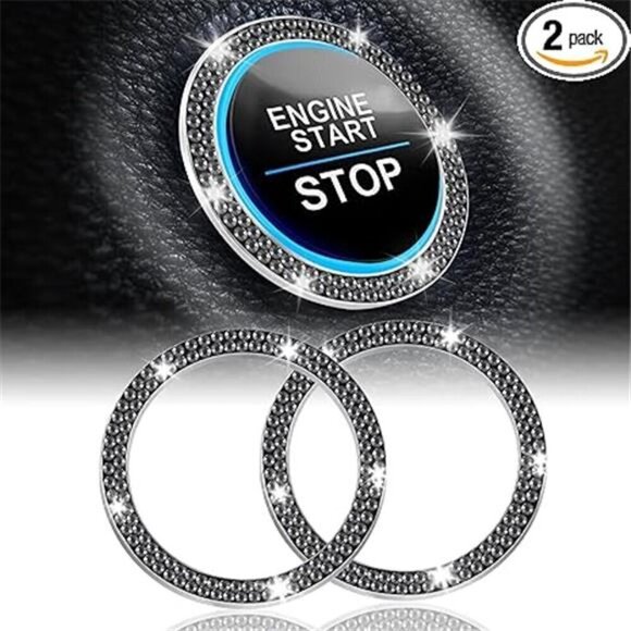 Car Start Button Bling Rhinestone Diamond Button Ring 2-Pack Double Glossy Black - Picture 7 of 7